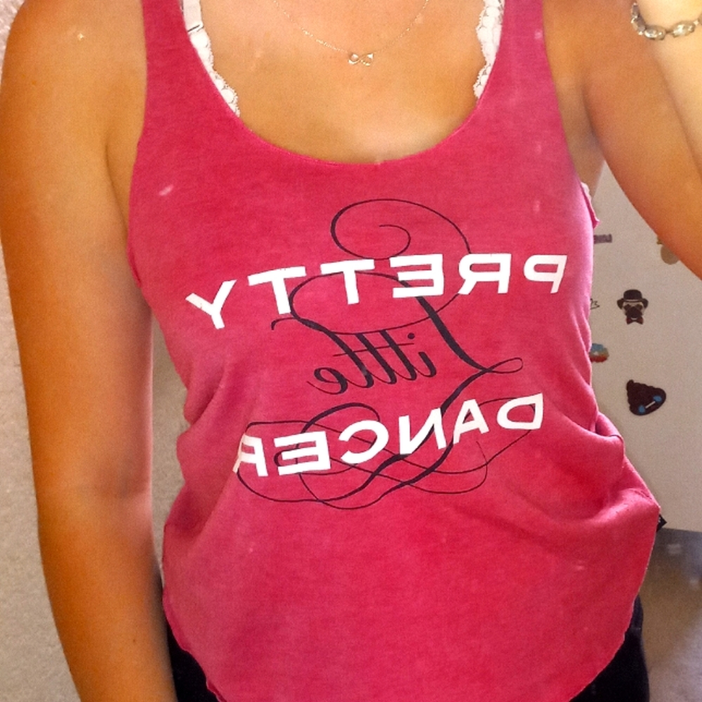 pink tank top w/ cursive writing